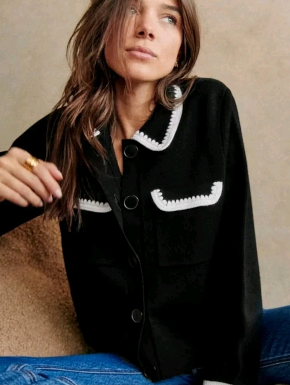 Sezane Betty Merino Wool Cardigan Sweater XS Black Cream Crochet Trim